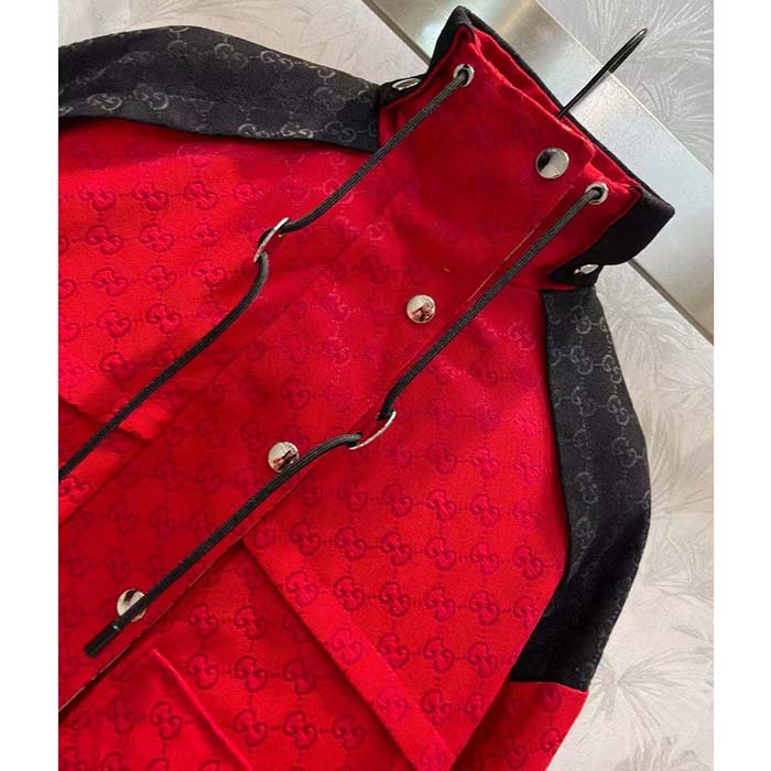Gucci Men GG Canvas Bomber Jacket High Neck Drawstring Detachable Hood Gilet Dropped Shoulder