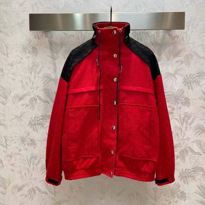 Gucci Men GG Canvas Bomber Jacket High Neck Drawstring Detachable Hood Gilet Dropped Shoulder