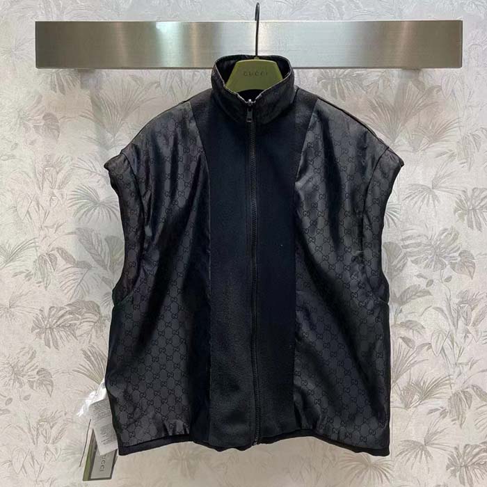 Gucci Men GG Canvas Bomber Jacket High Neck Drawstring Detachable Hood Gilet Dropped Shoulder
