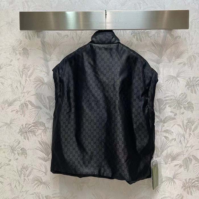 Gucci Men GG Canvas Bomber Jacket High Neck Drawstring Detachable Hood Gilet Dropped Shoulder