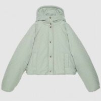 Gucci Women GG Canvas Hooded Bomber Jacket Pale Blue Two Side Pockets Padded Drawstring Hem (10)