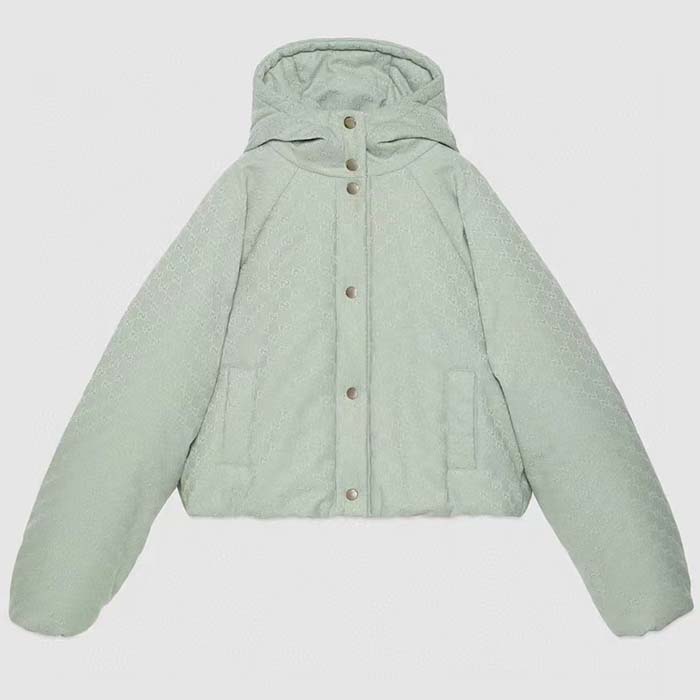 Gucci Women GG Canvas Hooded Bomber Jacket Pale Blue Two Side Pockets Padded Drawstring Hem