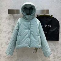 Gucci Women GG Canvas Hooded Bomber Jacket Pale Blue Two Side Pockets Padded Drawstring Hem (10)