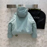 Gucci Women GG Canvas Hooded Bomber Jacket Pale Blue Two Side Pockets Padded Drawstring Hem (10)