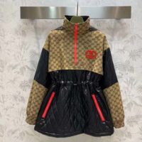 Gucci Women GG Canvas Nylon Zip Jacket Interlocking G Patch High Collar Drawstring Waistband (14)