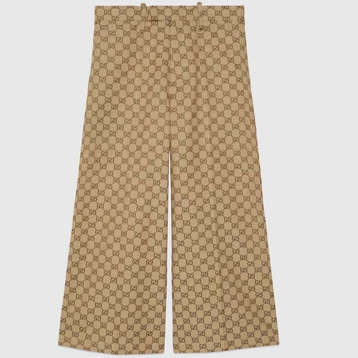 Gucci Women GG Canvas Print Camel Ebony Belt Loops Wide Leg Cropped Length