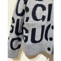 Gucci Women GG Cardigan Gucci Intarsia Grey Wool Blue V-Neck Dropped Shoulder Long Sleeves Two Pockets (7)