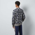 Gucci Men GG Cardigan Gucci Intarsia Grey Wool Blue V-Neck Dropped Shoulder Long Sleeves Two Pockets - Image 12