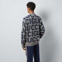 Gucci Women GG Cardigan Gucci Intarsia Grey Wool Blue V-Neck Dropped Shoulder Long Sleeves Two Pockets (7)