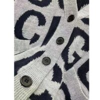 Gucci Women GG Cardigan Gucci Intarsia Grey Wool Blue V-Neck Dropped Shoulder Long Sleeves Two Pockets (7)