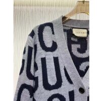 Gucci Women GG Cardigan Gucci Intarsia Grey Wool Blue V-Neck Dropped Shoulder Long Sleeves Two Pockets (7)