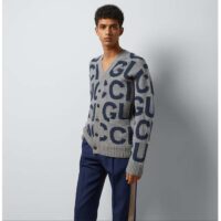 Gucci Women GG Cardigan Gucci Intarsia Grey Wool Blue V-Neck Dropped Shoulder Long Sleeves Two Pockets (7)