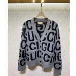 Gucci Women GG Cardigan Gucci Intarsia Grey Wool Blue V-Neck Dropped Shoulder Long Sleeves Two Pockets - Image 2