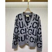 Gucci Women GG Cardigan Gucci Intarsia Grey Wool Blue V-Neck Dropped Shoulder Long Sleeves Two Pockets (7)