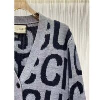 Gucci Women GG Cardigan Gucci Intarsia Grey Wool Blue V-Neck Dropped Shoulder Long Sleeves Two Pockets (7)