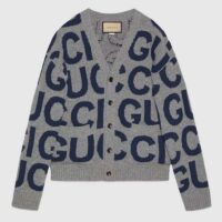 Gucci Women GG Cardigan Gucci Intarsia Grey Wool Blue V-Neck Dropped Shoulder Long Sleeves Two Pockets (7)