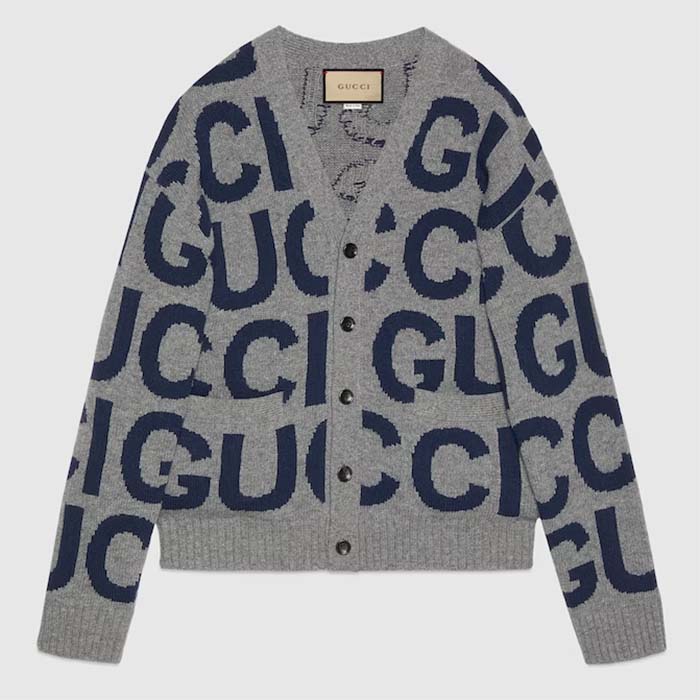 Gucci Women GG Cardigan Gucci Intarsia Grey Wool Blue V-Neck Dropped Shoulder Long Sleeves Two Pockets