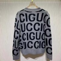 Gucci Women GG Cardigan Gucci Intarsia Grey Wool Blue V-Neck Dropped Shoulder Long Sleeves Two Pockets (7)