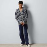 Gucci Men GG Cardigan Gucci Intarsia Grey Wool Blue V-Neck Dropped Shoulder Long Sleeves Two Pockets - Image 10