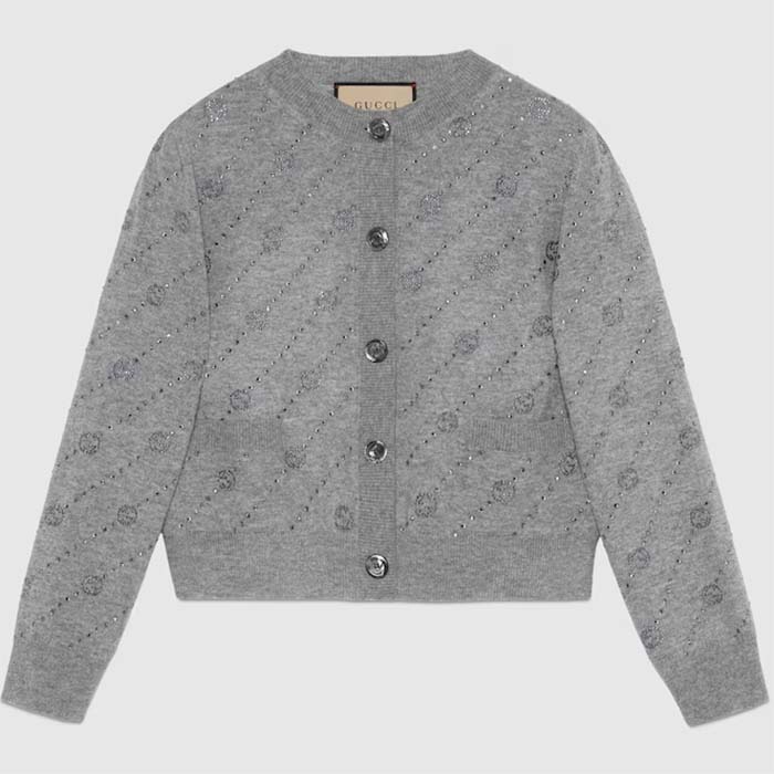 Gucci Women GG Cashmere Cardigan Interlocking G Crewneck Long Sleeves Two Front Pockets