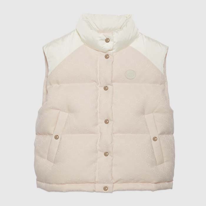 Gucci Women GG Cotton Canvas Padded Vest Pink Lined High Neck Sleeveless Two Side Pockets