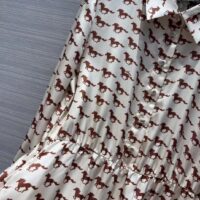 Gucci Women GG Diagonal Horses Print Silk Dress Point Collar Long Sleeves Rear Vent (3)