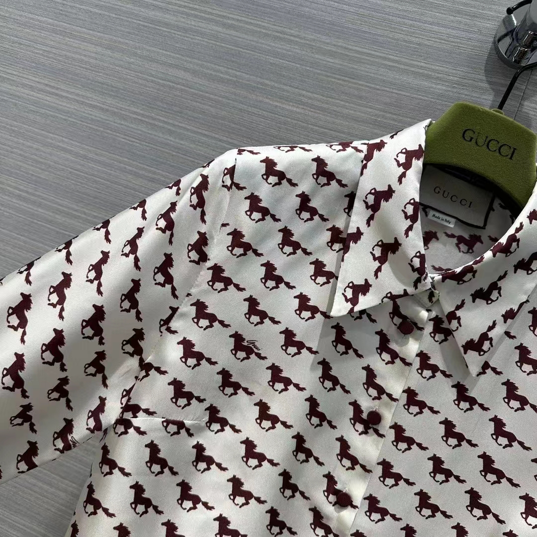 Gucci Women GG Diagonal Horses Print Silk Shirt Point Collar Long Sleeves