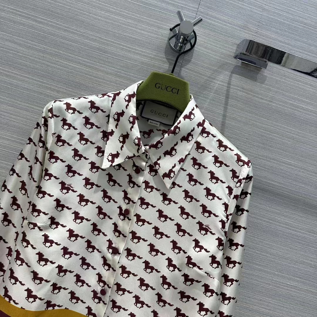 Gucci Women GG Diagonal Horses Print Silk Shirt Point Collar Long Sleeves