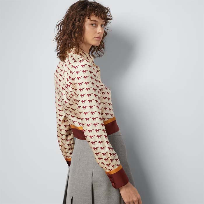 Gucci Women GG Diagonal Horses Print Silk Shirt Point Collar Long Sleeves