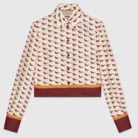 Gucci Women GG Diagonal Horses Print Silk Shirt Point Collar Long Sleeves (13)