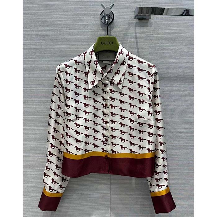 Gucci Women GG Diagonal Horses Print Silk Shirt Point Collar Long Sleeves