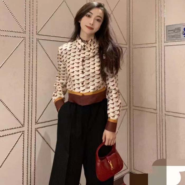 Gucci Women GG Diagonal Horses Print Silk Shirt Point Collar Long Sleeves
