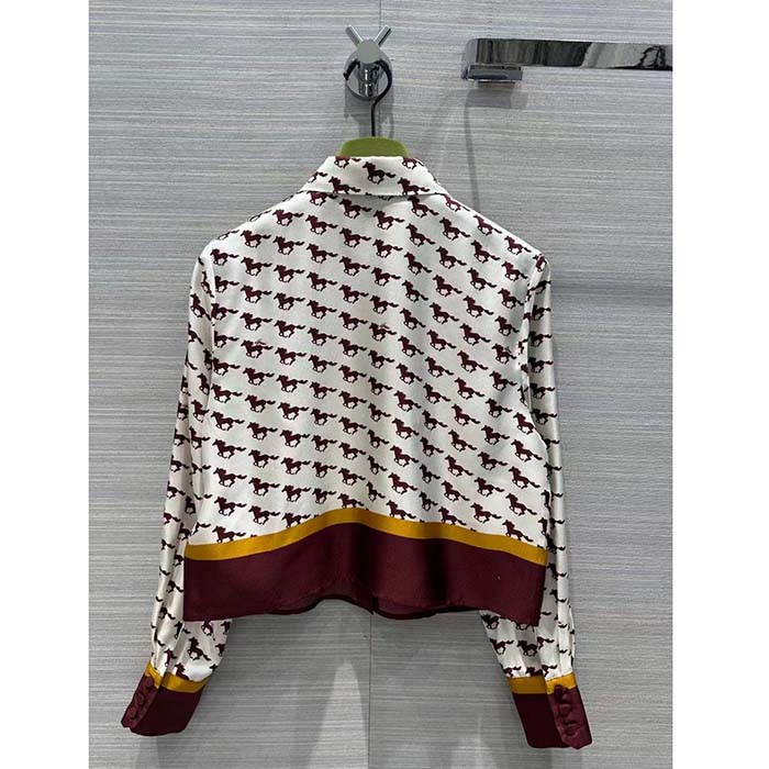 Gucci Women GG Diagonal Horses Print Silk Shirt Point Collar Long Sleeves