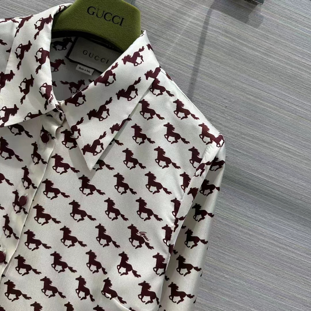 Gucci Women GG Diagonal Horses Print Silk Shirt Point Collar Long Sleeves