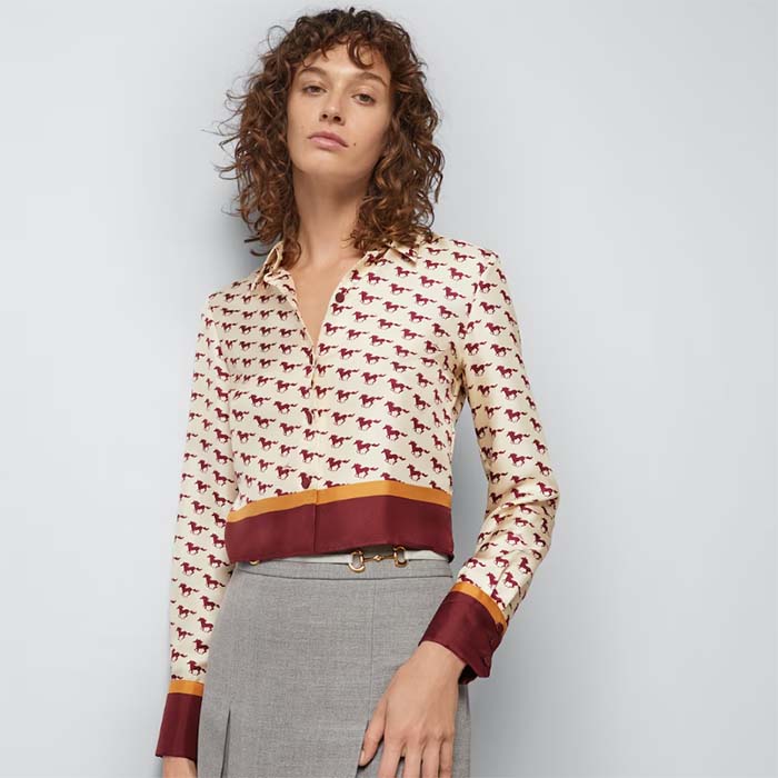 Gucci Women GG Diagonal Horses Print Silk Shirt Point Collar Long Sleeves