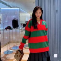 Gucci Women GG Felted Wool Striped Sweater V-Neck Dropped Shoulder Long Sleeves (5)