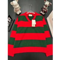 Gucci Women GG Felted Wool Striped Sweater V-Neck Dropped Shoulder Long Sleeves (5)