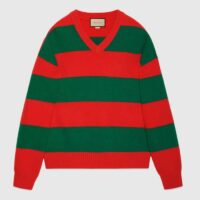 Gucci Women GG Felted Wool Striped Sweater V-Neck Dropped Shoulder Long Sleeves (5)