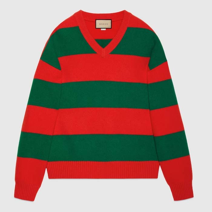 Gucci Women GG Felted Wool Striped Sweater V-Neck Dropped Shoulder Long Sleeves