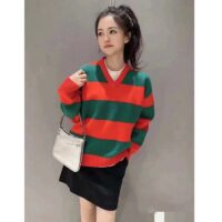 Gucci Women GG Felted Wool Striped Sweater V-Neck Dropped Shoulder Long Sleeves (5)