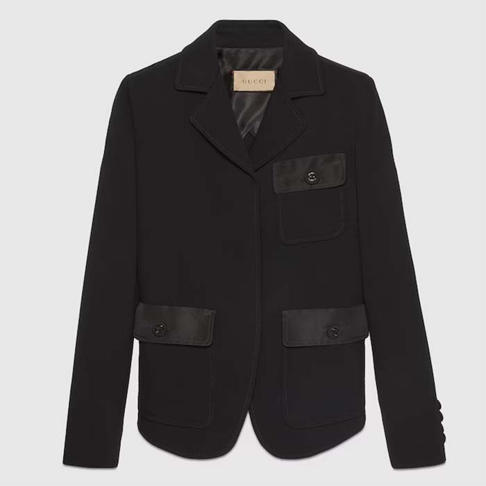 Gucci Women GG Fine Wool Crêpe Jacket Black Satin Unlined Notch Lapel Three Front Pockets