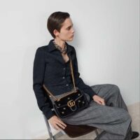 Gucci Women GG Marmont Mini Shoulder Bag Black Quilted Chevron Velvet Leather Double G (10)
