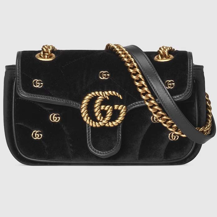 Gucci Women GG Marmont Mini Shoulder Bag Black Quilted Chevron Velvet Leather Double G