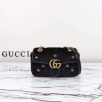 Gucci Women GG Marmont Mini Shoulder Bag Black Quilted Chevron Velvet Leather Double G (10)