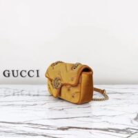 Gucci Women GG Marmont Mini Shoulder Bag Dark Yellow Quilted Chevron Velvet Leather Double G (6)