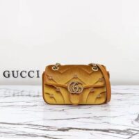 Gucci Women GG Marmont Mini Shoulder Bag Dark Yellow Quilted Chevron Velvet Leather Double G (6)