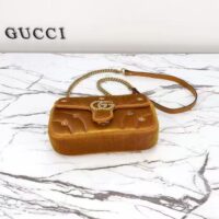 Gucci Women GG Marmont Mini Shoulder Bag Dark Yellow Quilted Chevron Velvet Leather Double G (6)