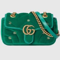 Gucci Women GG Marmont Mini Shoulder Bag Green Quilted Chevron Velvet Leather Double G