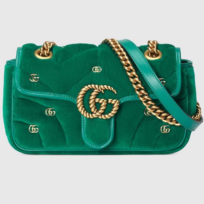 Gucci Women GG Marmont Mini Shoulder Bag Green Quilted Chevron Velvet Leather Double G