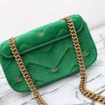 Gucci Women GG Marmont Mini Shoulder Bag Green Quilted Chevron Velvet Leather Double G - Image 3